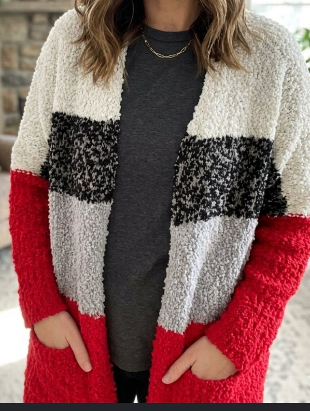 DAVI & DANI Red, Black and White Bouclé Colorblock Open Cardigan